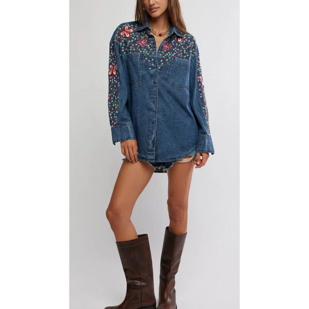 FREE PEOPLE Rainbow Embroidered Denim Shirt / Rinse Wash - Picture 5 of 6